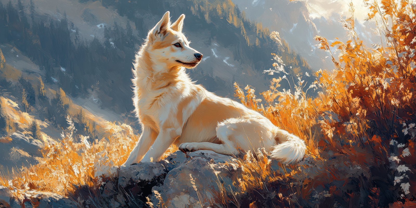 Dog sits on a rocky ledge surrounded by golden grass in a mountainous landscape during sunset